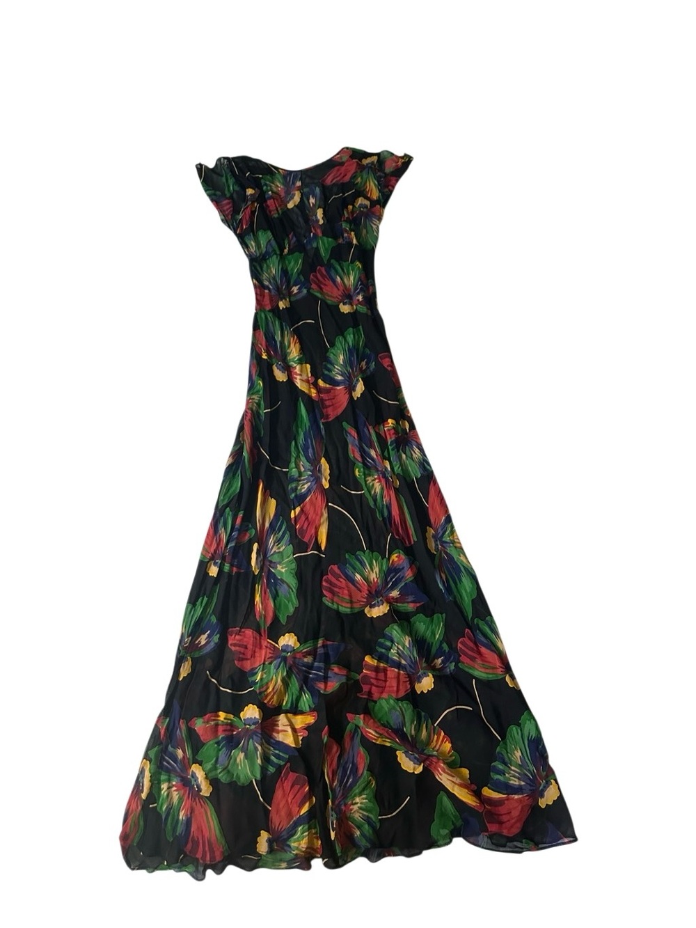 Betsey Johnson Black Maxi Dress with Bold Red, Green, Yellow & Blue Floral Print